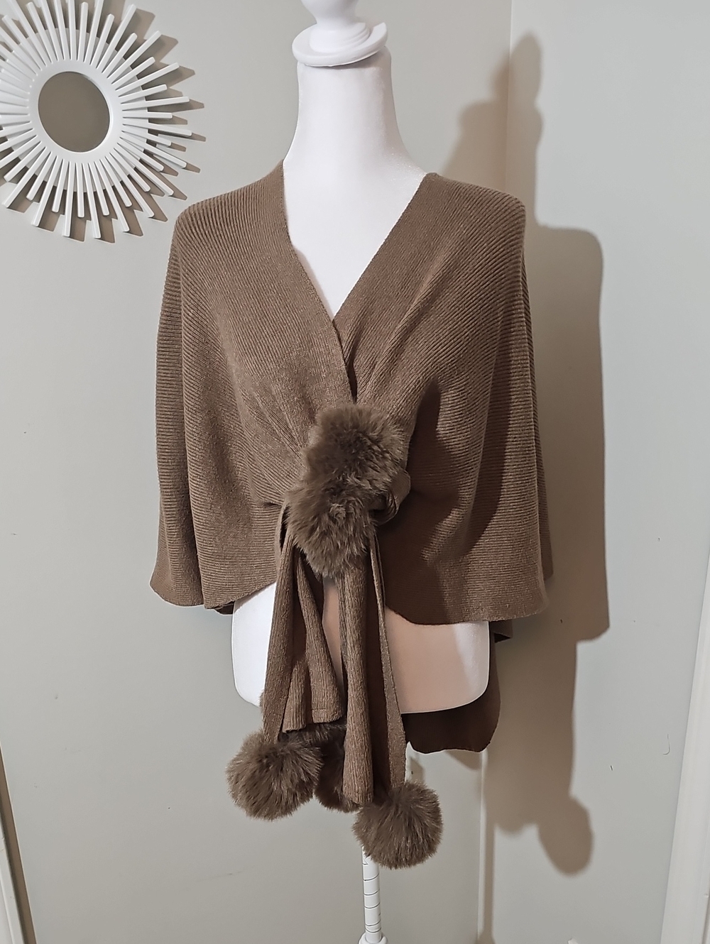 Taupe Pom-Tie Knit Wrap Shrug